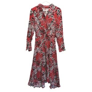 Free People Tough Love Twisted Front Long Sleeve Midi Shirt Dress Sz‎ 6 Red Boho